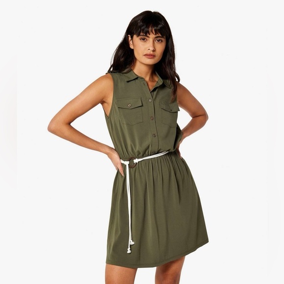 New Look Sleeveless Olive Green Button-Down Dress with Drawstring Waist - Med - Picture 1 of 8
